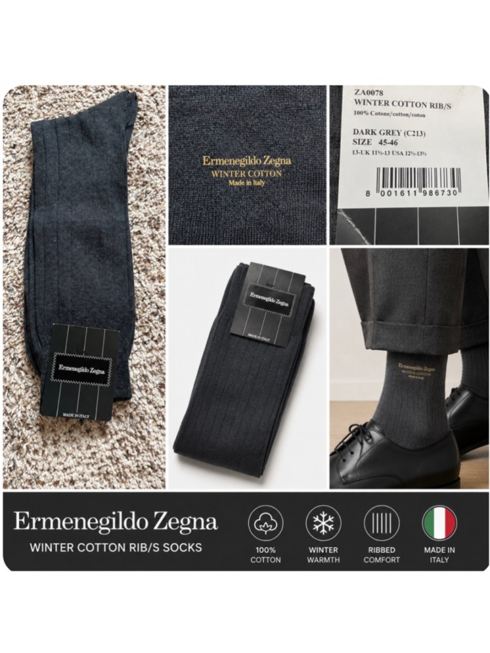 Men's Ermenegildo Zegna Winter Cotton Ribbed Dress Socks, Size L, Dark Grey New!